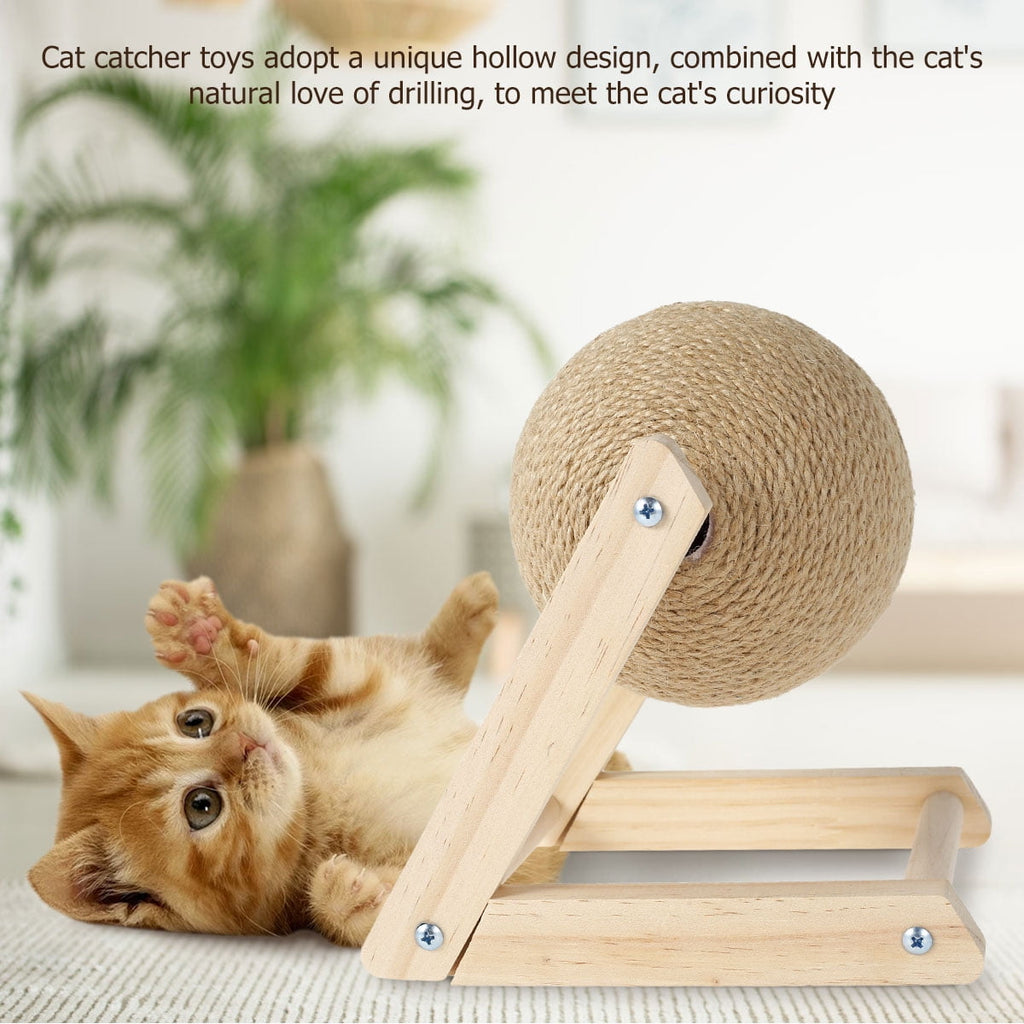 Pelota rascadora de sisal natural para gatos con hierba gatera - Poste rascador interactivo de madera maciza (7x7x6,3 pulgadas) con pelota giratoria para gatos y gatitos de interior