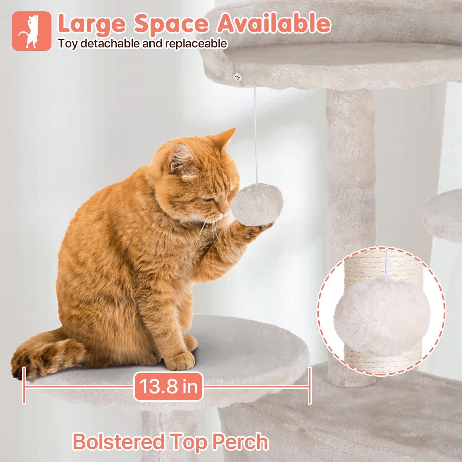Torre rascador doble para gatos de 137 cm (54 pulgadas) con poste rascador y percha para uso en interiores, color beige.