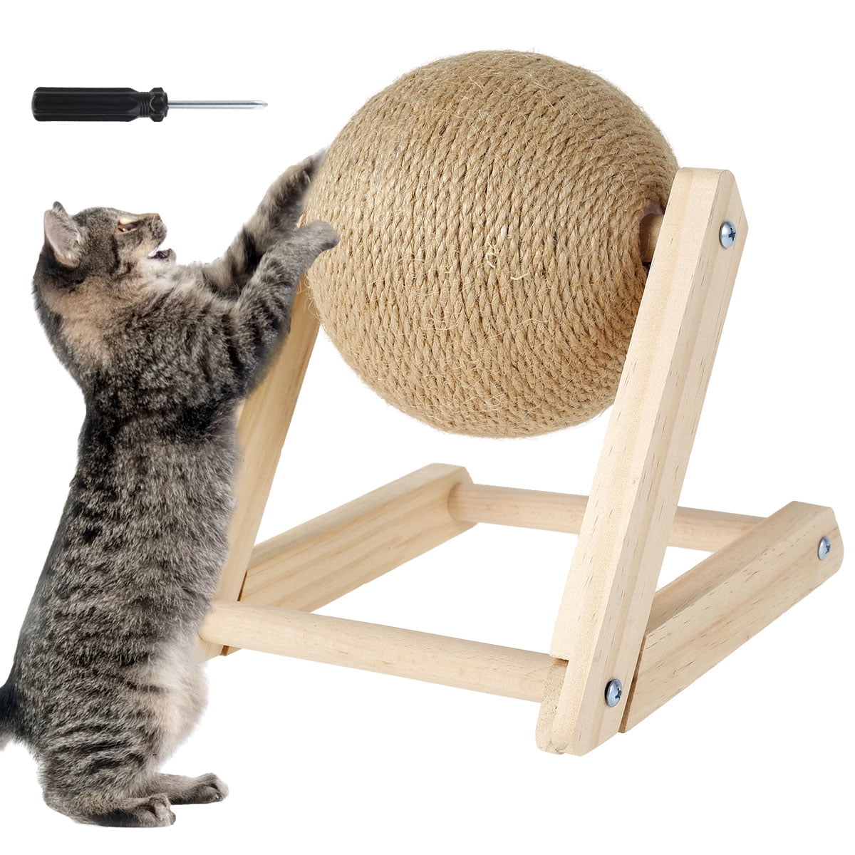 Pelota rascadora de sisal natural para gatos con hierba gatera - Poste rascador interactivo de madera maciza (7x7x6,3 pulgadas) con pelota giratoria para gatos y gatitos de interior