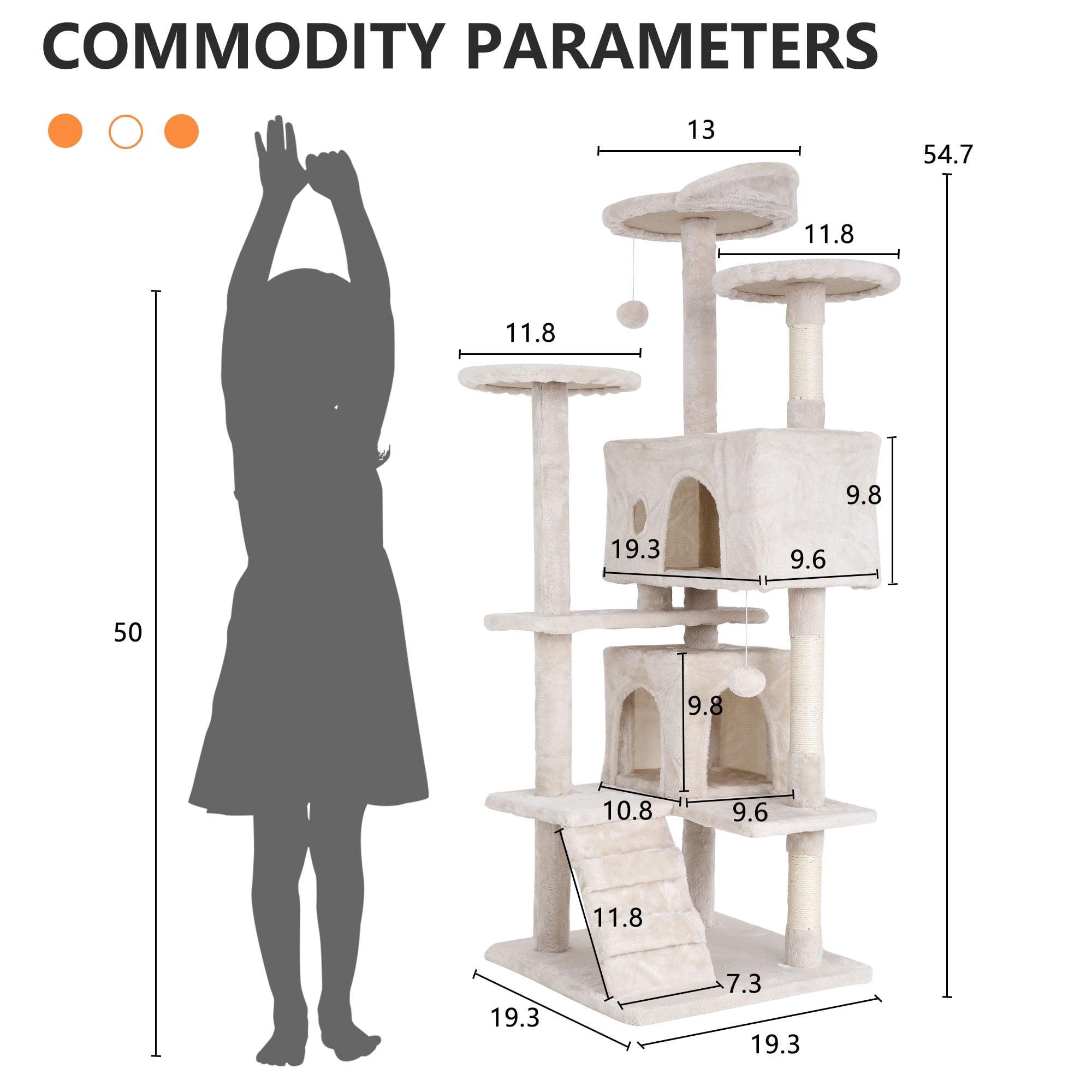 Torre rascador doble para gatos de 137 cm (54 pulgadas) con poste rascador y percha para uso en interiores, color beige.