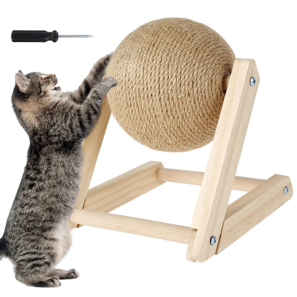 Pelota rascadora de sisal natural para gatos con hierba gatera - Poste rascador interactivo de madera maciza (7x7x6,3 pulgadas) con pelota giratoria para gatos y gatitos de interior