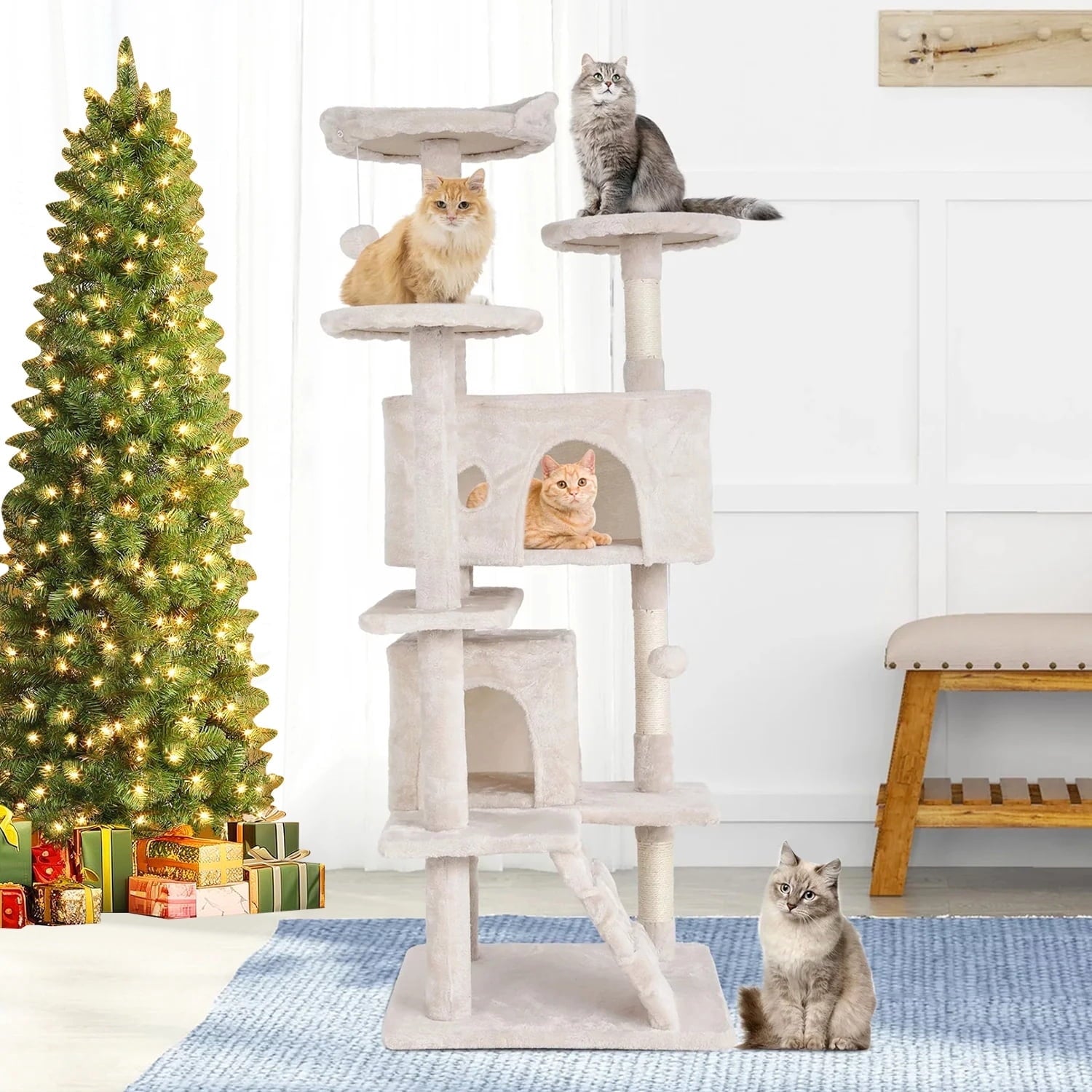 Torre rascador doble para gatos de 137 cm (54 pulgadas) con poste rascador y percha para uso en interiores, color beige.