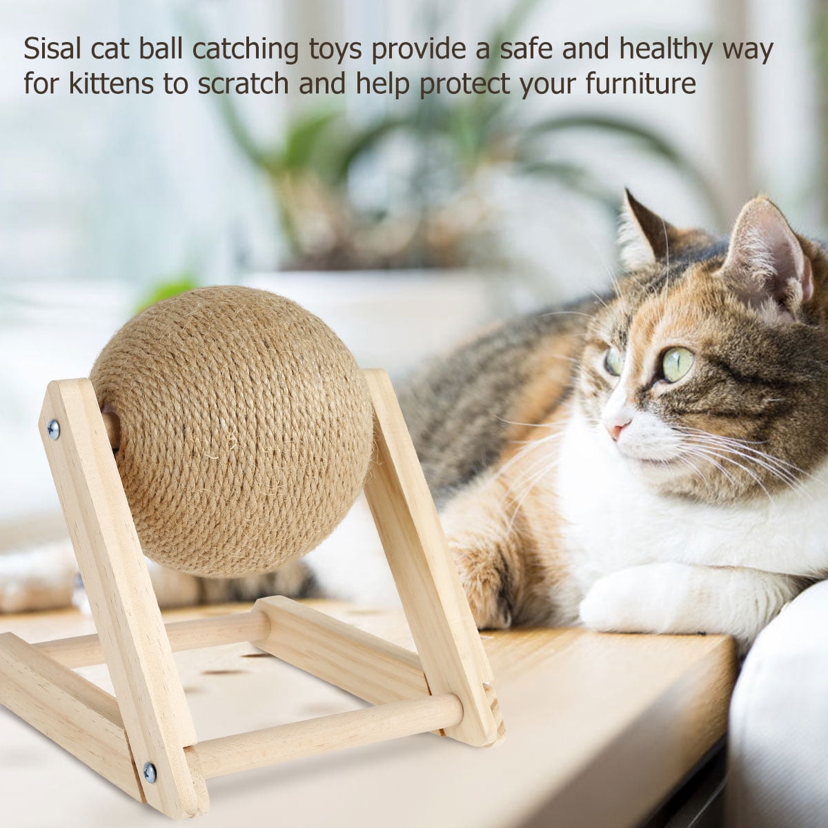 Pelota rascadora de sisal natural para gatos con hierba gatera - Poste rascador interactivo de madera maciza (7x7x6,3 pulgadas) con pelota giratoria para gatos y gatitos de interior