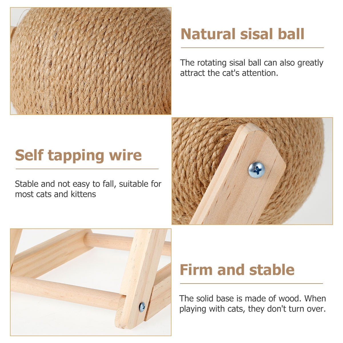 Pelota rascadora de sisal natural para gatos con hierba gatera - Poste rascador interactivo de madera maciza (7x7x6,3 pulgadas) con pelota giratoria para gatos y gatitos de interior