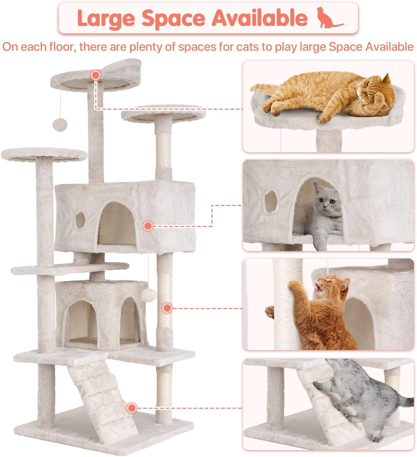 Torre rascador doble para gatos de 137 cm (54 pulgadas) con poste rascador y percha para uso en interiores, color beige.