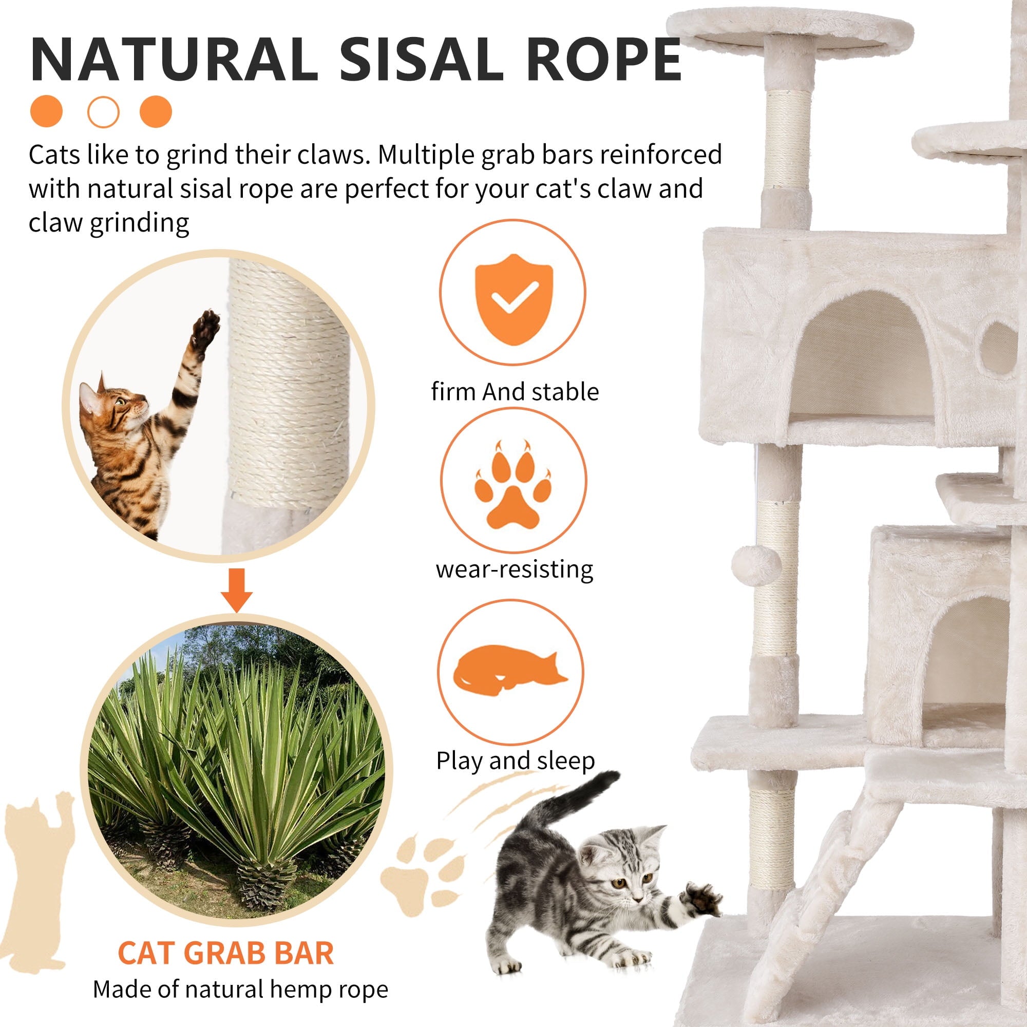 Torre rascador doble para gatos de 137 cm (54 pulgadas) con poste rascador y percha para uso en interiores, color beige.